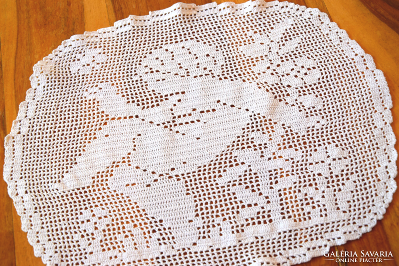 Antique hand crocheted net fillet tablecloth rare angel putto pattern needlework oval 39 x 32