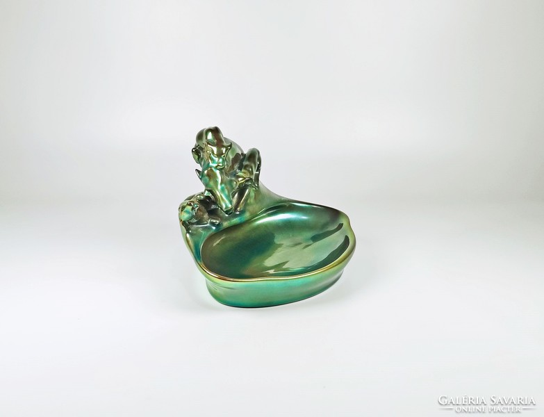 Zsolnay, eosin glazed porcelain business card holder with a hunting scene, flawless! (D015)