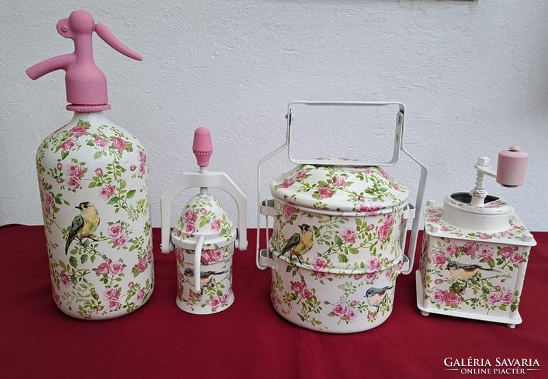 Gyönyörű dekupázsolt rózsás madaras kávédaráló szódásüveg kávéfőző ételhordó konyhai dekoráció