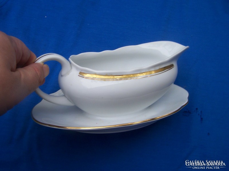 Elegant sauce bowl with integrated saucer, gilded porcelain, flawless, marked 22 x 12 x 9 cm