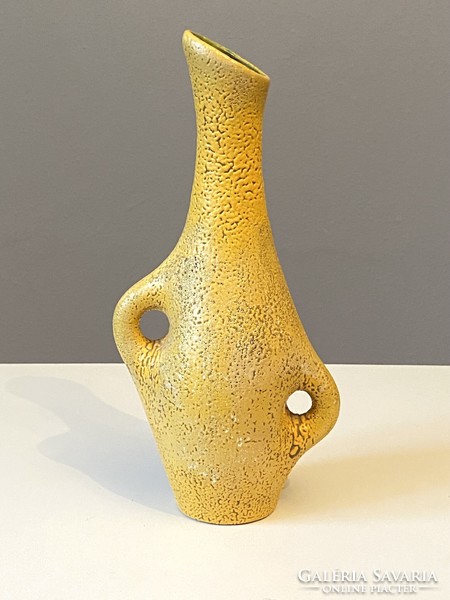 Yellow retro shrink glazed ceramic vase with ear decoration on both sides, 33 cm