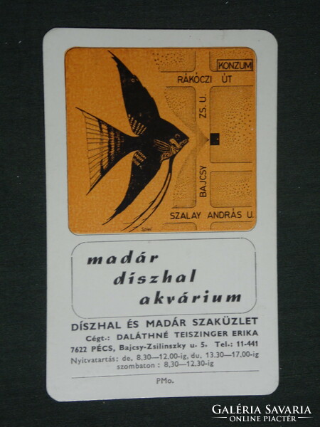 Card calendar, ornamental fish and bird specialist shop, Pécs, graphic drawing, map, 1981, (2)