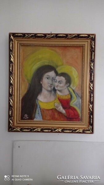 Madonna gyermekkel olaj kép Jézus és Mária, szignált olaj festmény vásznon  aranyszínű keretben