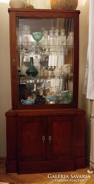 Antique old Viennese Art Nouveau glass display cabinet mirrored sideboard with glass shelves in refurbished condition