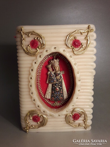 Antique wax nun's work in convent work box with relief Mary with baby appliqué
