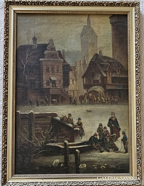 XIX. századi németalföldi téli városrészlet