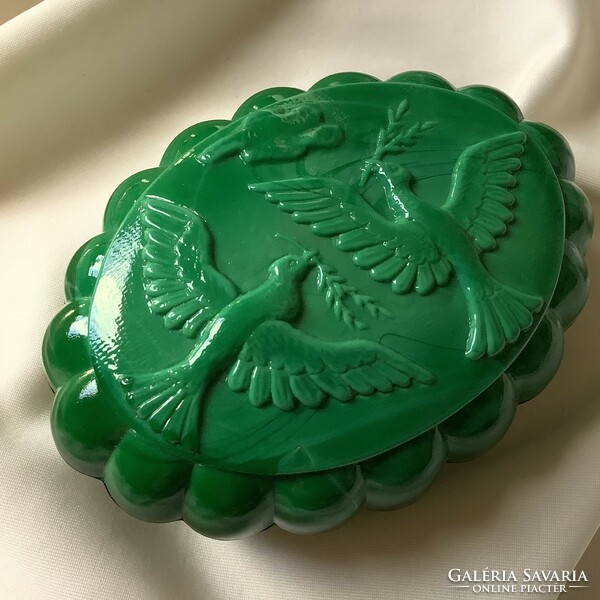 Malachite glass green box chest jewelry holder bonbonier bird dove love gerle couple forest animal