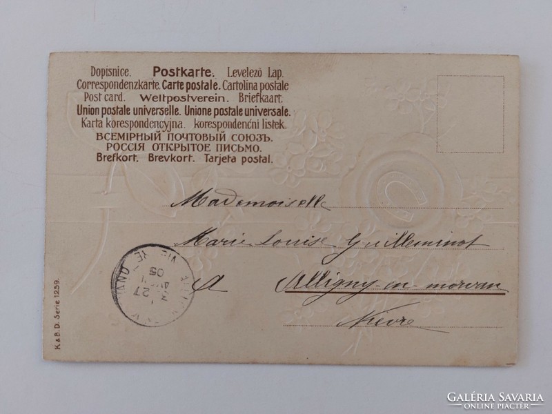 Régi képeslap 1905 dombornyomott levelezőlap lóhere nefelejcs