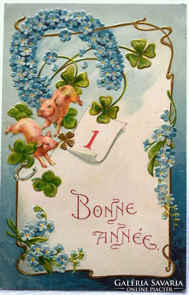 Antik dombornyomott Újévi üdvözlő képeslap - 4levelű lóhere , malacok, nefelejcs szerencspatkó