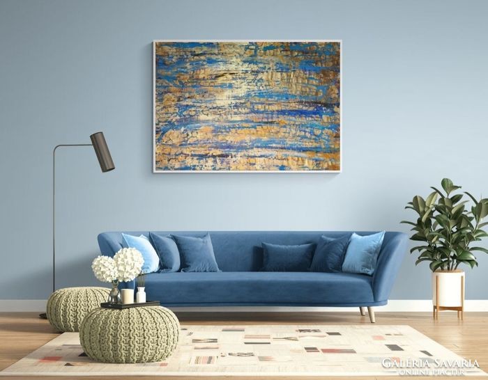 Huge size modern painting - blue gold composition 110 x 155 cm