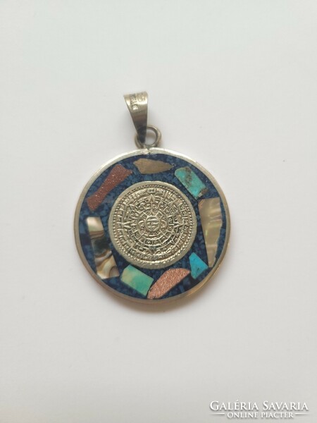Old silver Mayan calendar pendant with mineral inlay (sunstone, mother-of-pearl, turquoise, etc.)