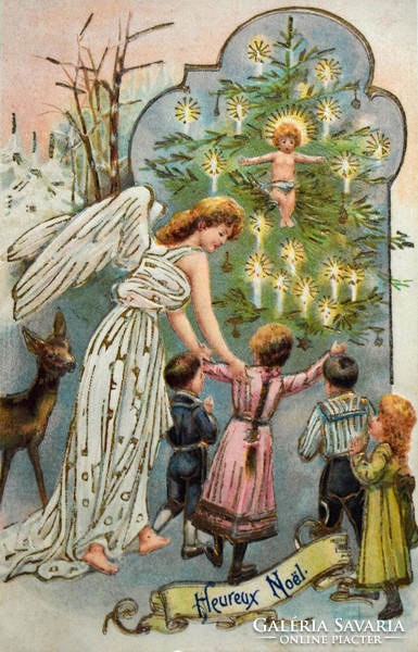 Antik dombornyomott Karácsonyi üdvözlő képeslap - angyal, karácsonyfa, Kisjézus 1907ből