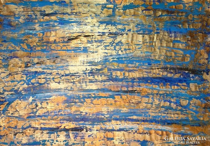 Hatalmas méretű modern festmény - kék arany kompozíció 110 x 155 cm