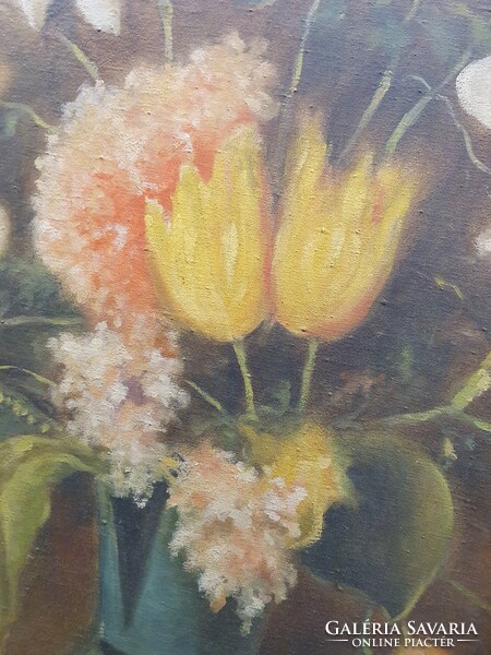 Old flower still life painting with pleasant colors, painted on canvas