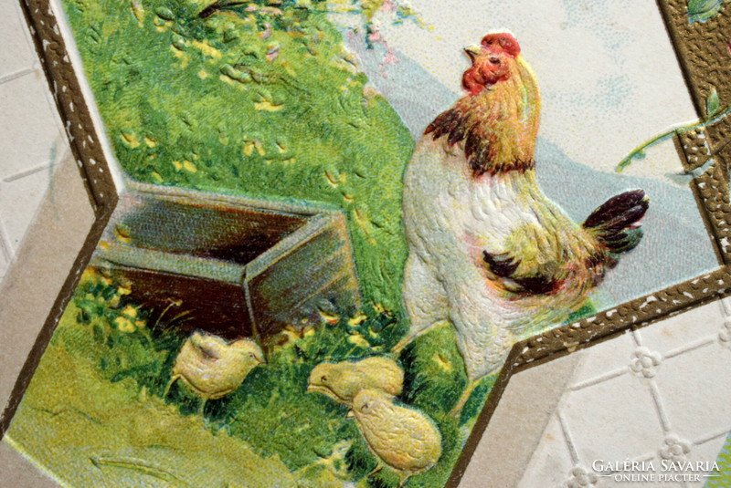 Antique embossed Easter greeting card - chicks, hen, rose