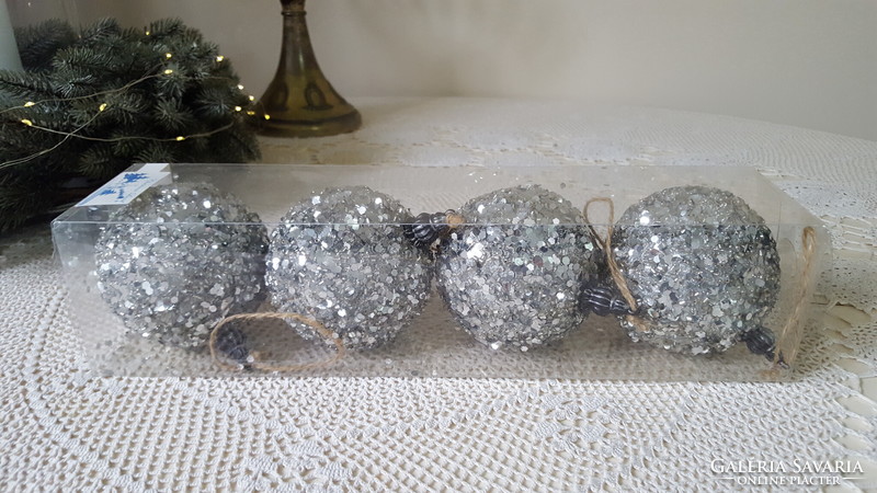 Set of silver sequined, glittery, beaded Christmas tree decorations