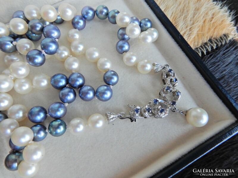 Genuine Two Tone Akoya Pearl String with 14K White Gold Pendant and Sapphire Stones