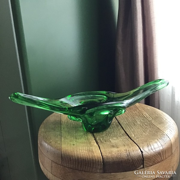 Régi cseh zöld kristály üveg tál