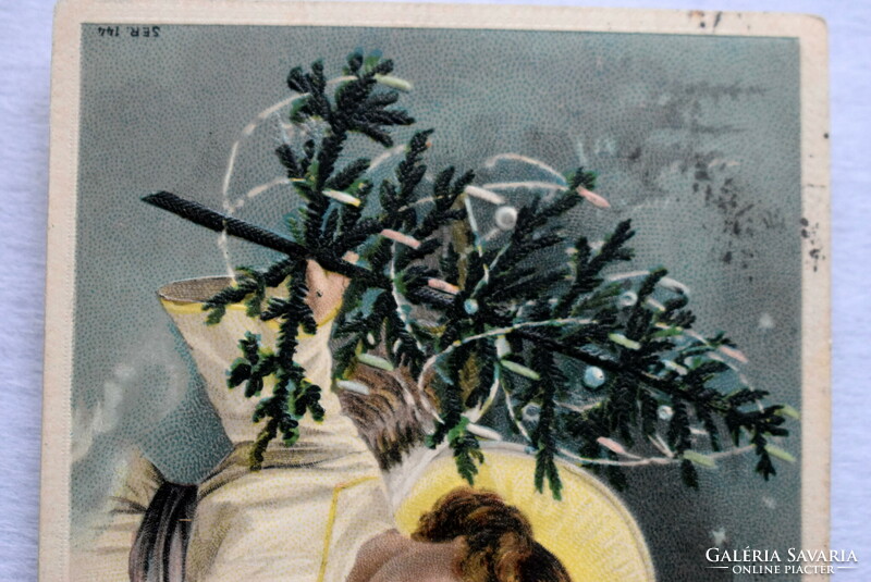 Antik dombornyomott Karácsonyi üdvözlő képeslap - angyalka karácsonyfával 1907ből