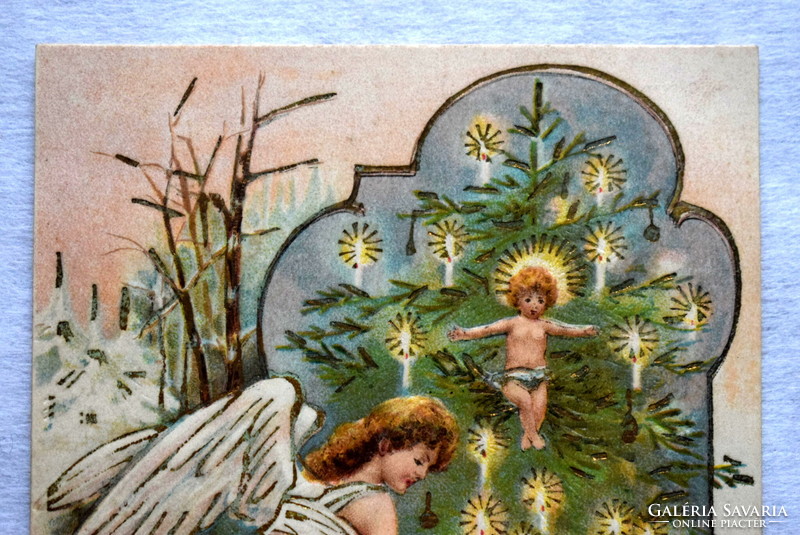 Antik dombornyomott Karácsonyi üdvözlő képeslap - angyal, karácsonyfa, Kisjézus 1907ből