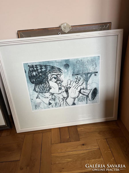 A man playing a trumpet in an etching frame