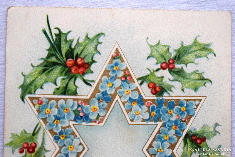 Antik Karácsonyi üdvözlő litho képeslap - aranyló csillag, nefelejcs, magyal