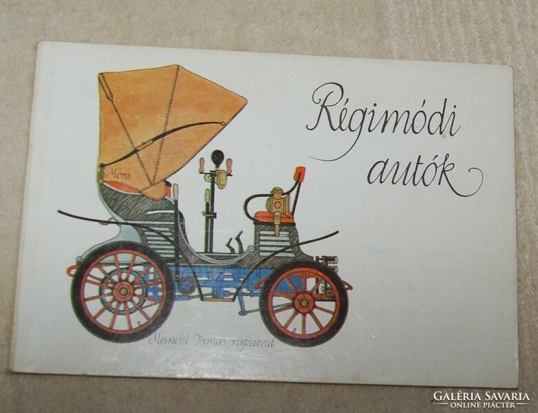 Old-fashioned cars with drawings by Tamás Mandel 1982