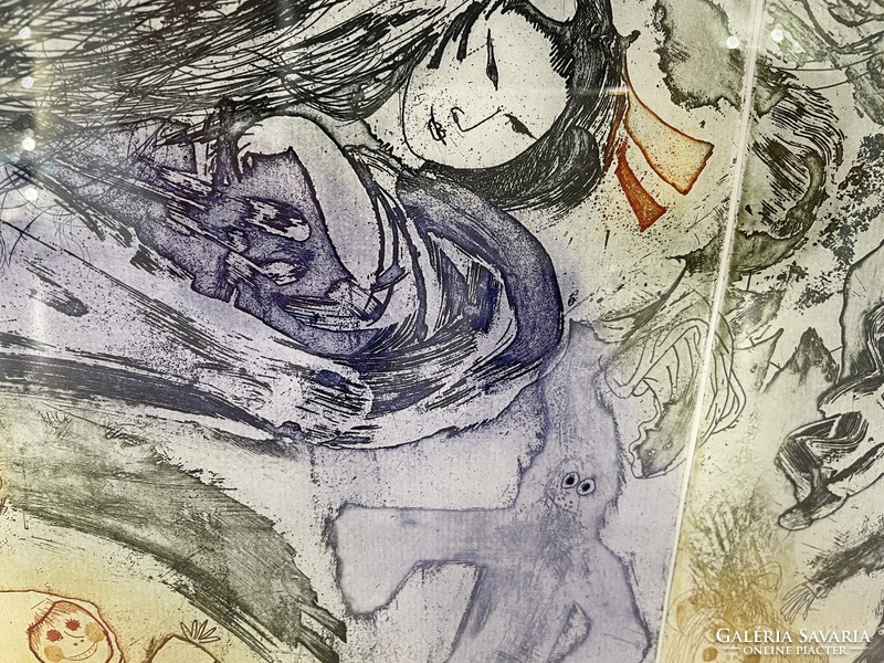 Kondor Lajos Szellemek színes rézkarc grafika absztrakt expresszionista kép