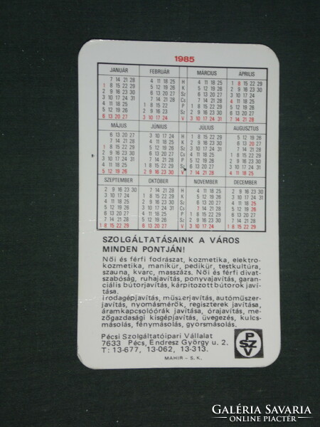 Card calendar, Pécs psv hairdresser, service, repair, copying, graphic designer, mosque, 1985, (2)