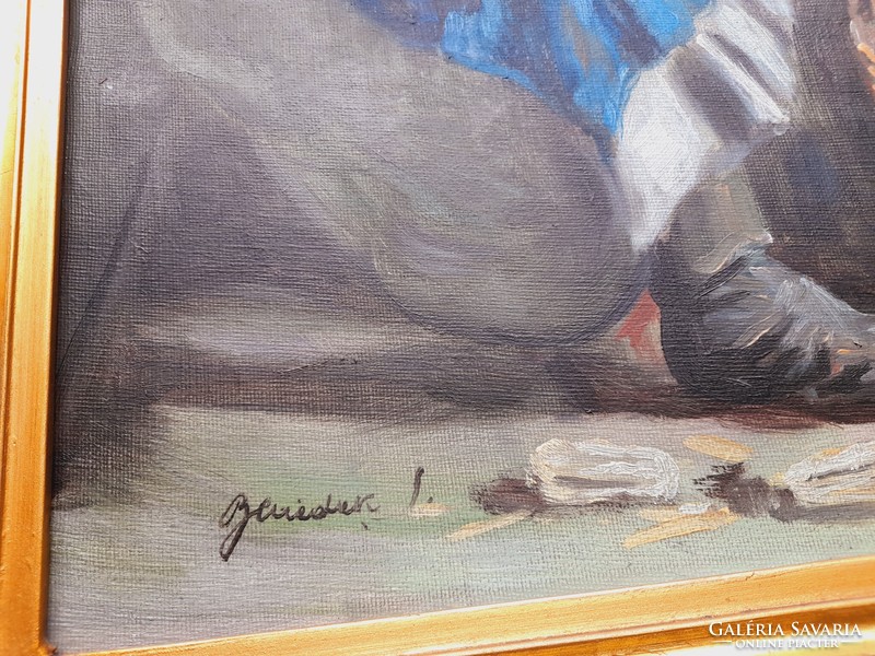 Benedek I. Kukoricamorzsolás c. festmény, 60 x 80 cm