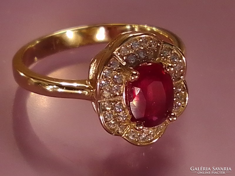 Ruby gemstone ring with white topaz, 14 carat gold-plated!