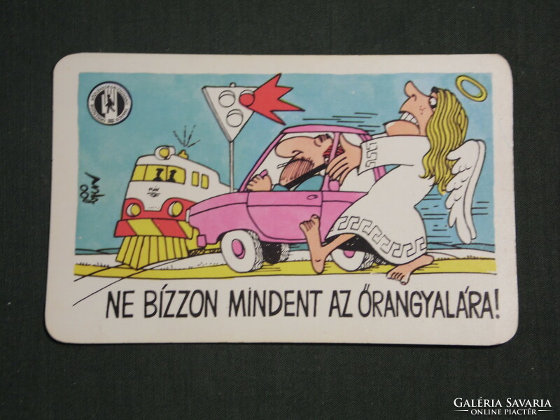 Card calendar, traffic safety council, graphic artist, humorous, locomotive, guardian angel, 1984, (2)