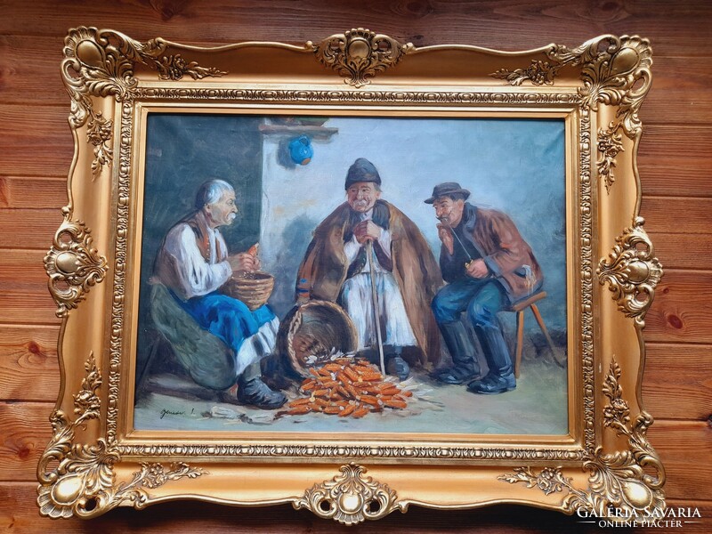 Benedek I. Kukoricamorzsolás c. festmény, 60 x 80 cm
