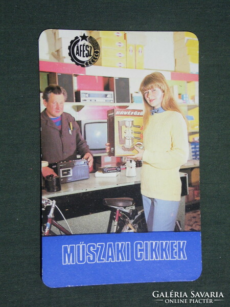 Card calendar, Afés industrial goods shops, bicycle, coffee maker, erotic female model, 1984, (2)