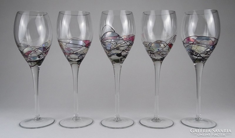 1P141 Joan Miro mintás talpas fújt üveg pezsgős pohár készlet 5 darab