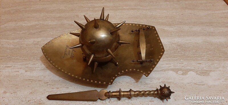Antique, copper inkstand, leaf-opening knife, shape, mace and shield