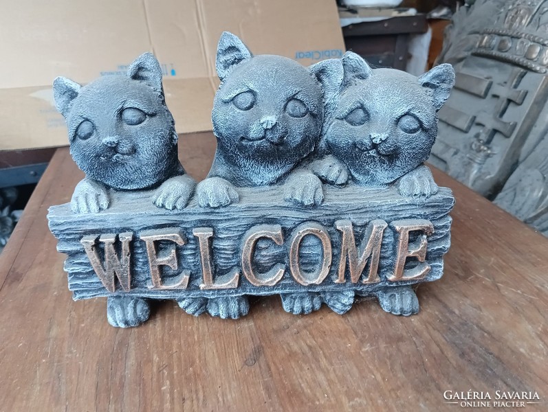 Welcome Három macska cica Kültéri Fagyálló Műkő tömör kerti szobor ajándék nak