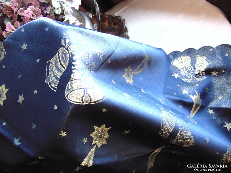 Dark blue - Christmas tablecloth with gold bells