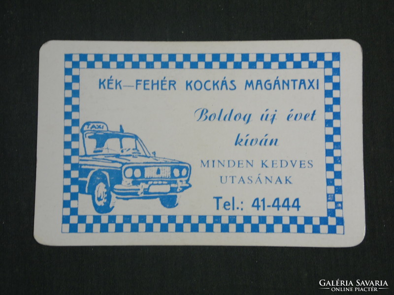 Kártyanaptár, Kék fehér kockás TAXI Pécs ,grafikai rajzos, Lada Zsiguli autó, 1987 ,   (2)