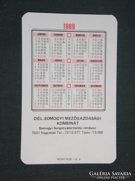 Card calendar, Dělsomogy MG combine, Nagyátád, 1989, (2)
