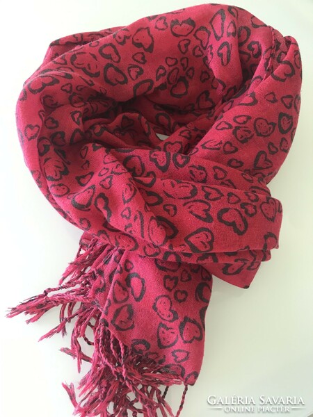 Wool and viscose mix scarf in magenta color with small gray heart pattern, 190 x 80 cm