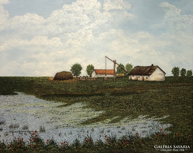 Wágnerné Bukovics Magda, naiv festőművész alkotása, Tanya gémeskúttal, olaj, vászon, 65x80 cm