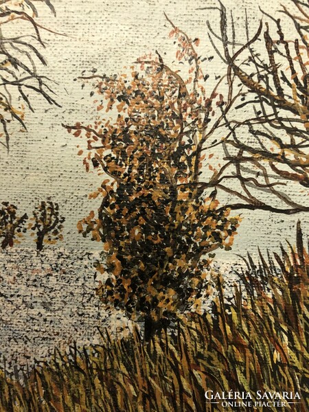 Wágnerné Bukovics Magda, naiv festőművész alkotása, Téli táj patakkal, olaj, vászon, 63x66,5 cm
