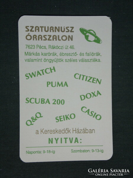 Kártyanaptár, Szaturnusz óra szalon,szaküzlet, Pécs, 1994,   (2)