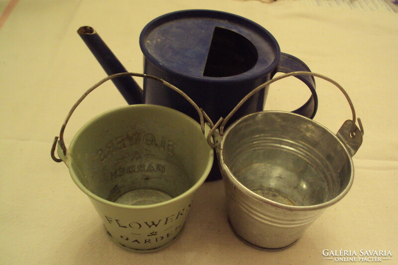 Old tin children's toy---two small buckets + small blue enamel watering can.