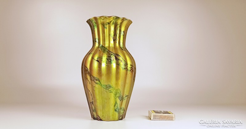 ZSOLNAY, ART DECO ZÖLD LABRADOR EOSIN PORCELÁN VÁZA, HIBÁTLAN ! (B152)