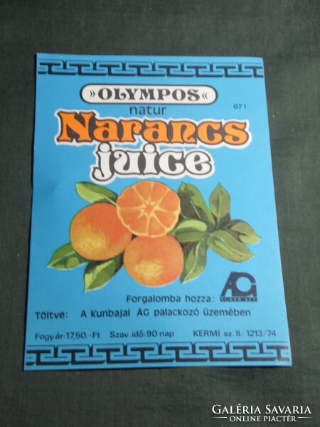 Üdítőital címke,  OLYMPOS natur Narancs Juice, Kunbaja palackozó üzem