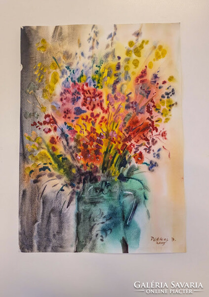 József Petkes: flower still life watercolor, signed, dated