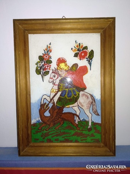 Old religious theme, Transylvanian? Stained glass picture, dragon-slaying St. Pearl with the dragon