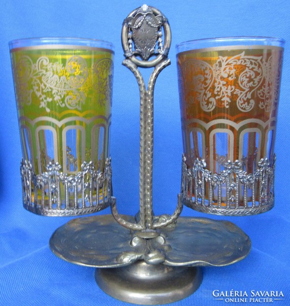 Réz Vin Bravais pohártartó 2 db üvegpohárral ,tartó 17 cm magas, pohár 10 cm magas